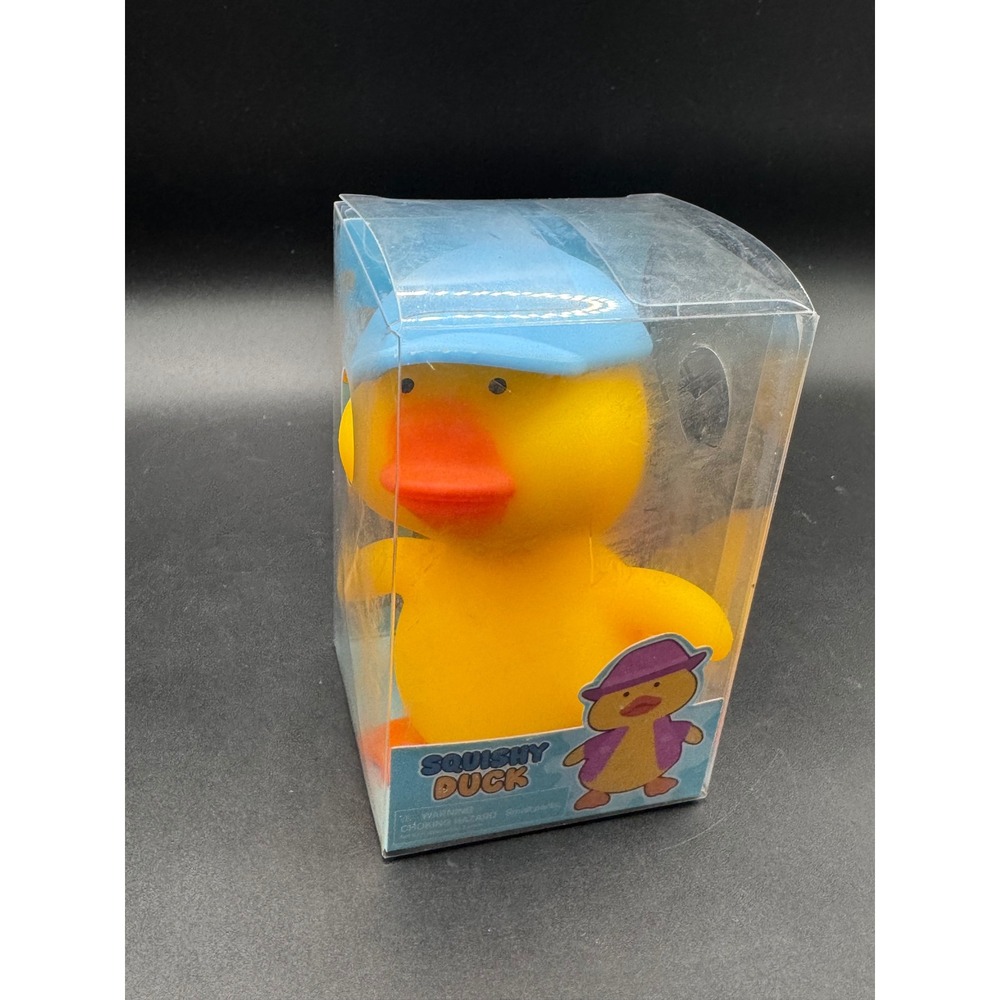 Yellow Squishy Duck Novelty Toy with Blue Baseball Cap New in Box Fidget Toy